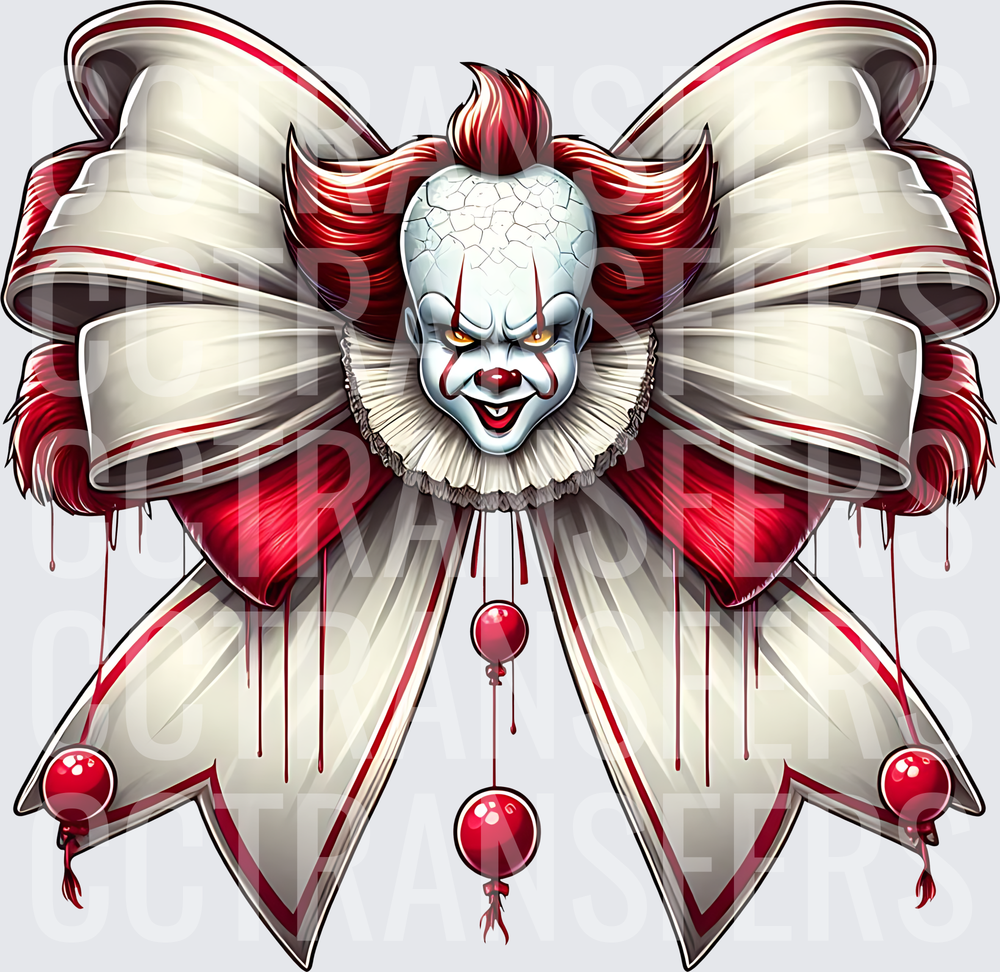 Creepy Clown Bow with Red Balloons and Blood Drips (DTF)