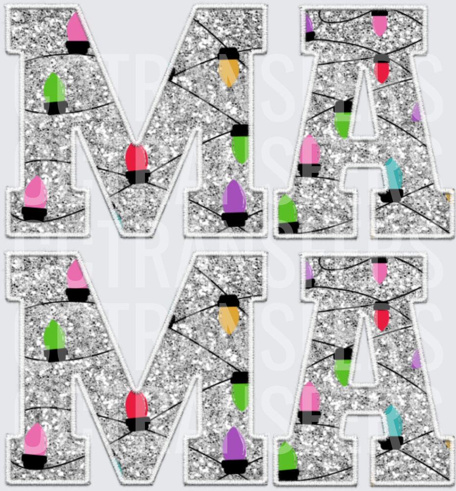 Silver Glitter MA Letters with Colorful Christmas Lights (DTF)