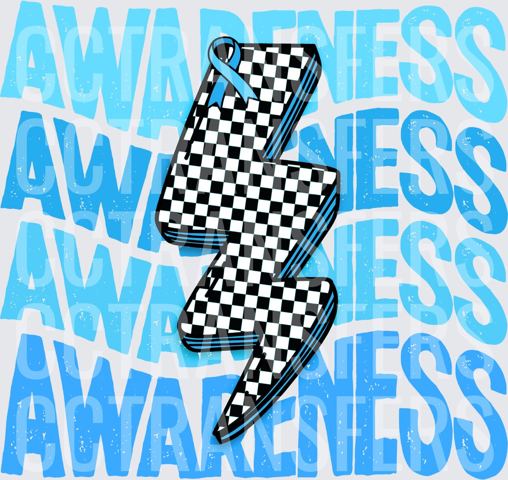 Awareness Checkered Lightning Bolt Blue Ribbon (DTF)