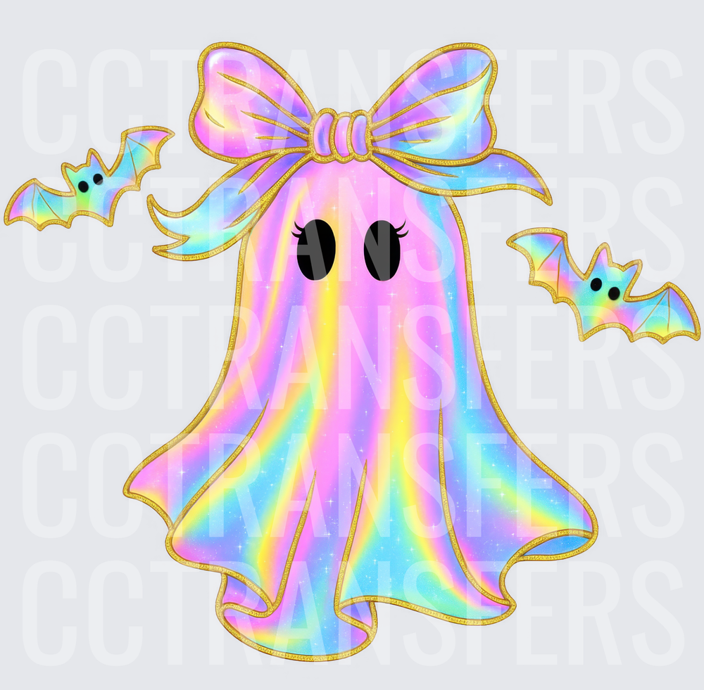 Pastel Rainbow Ghost with Bow and Mini Bats (DTF)