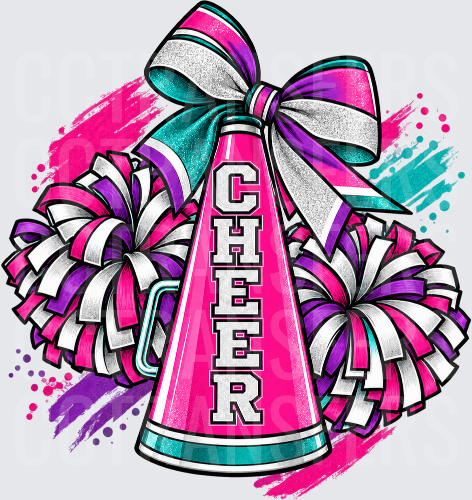 Cheer Megaphone Pom Poms Glitter Bow Pink Purple Teal (DTF)