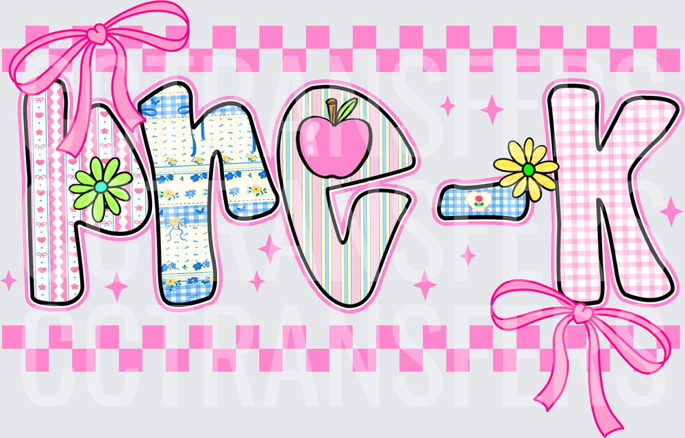 Pre-K Patchwork Floral Pink Bow Apple Teacher (DTF)
