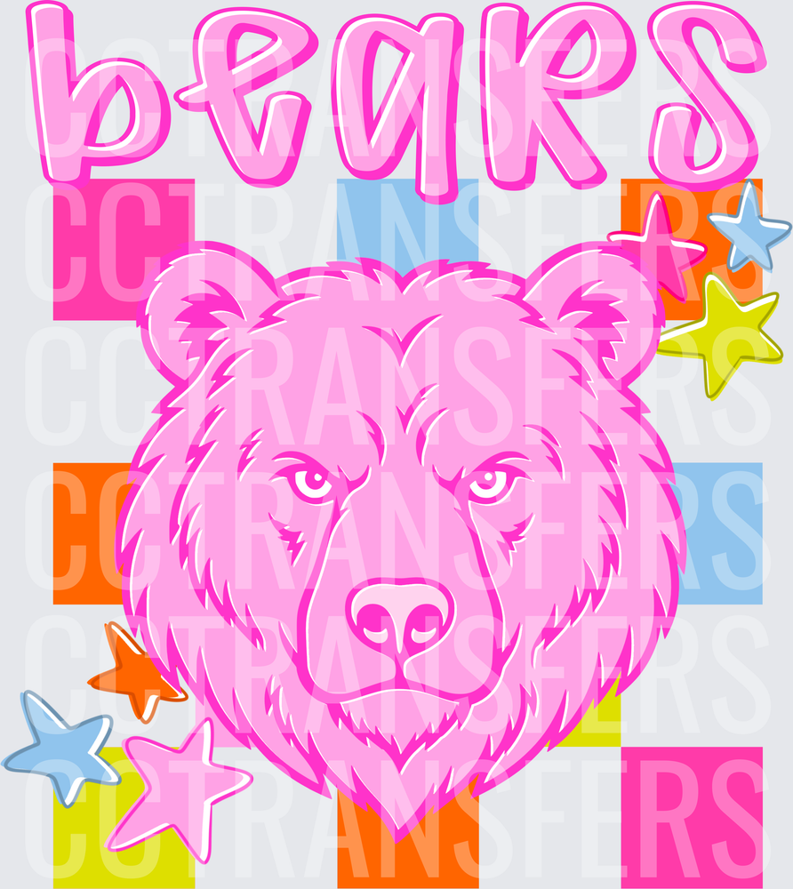 Pink Bear Face Colorful Checkered Stars Bears Text (DTF)