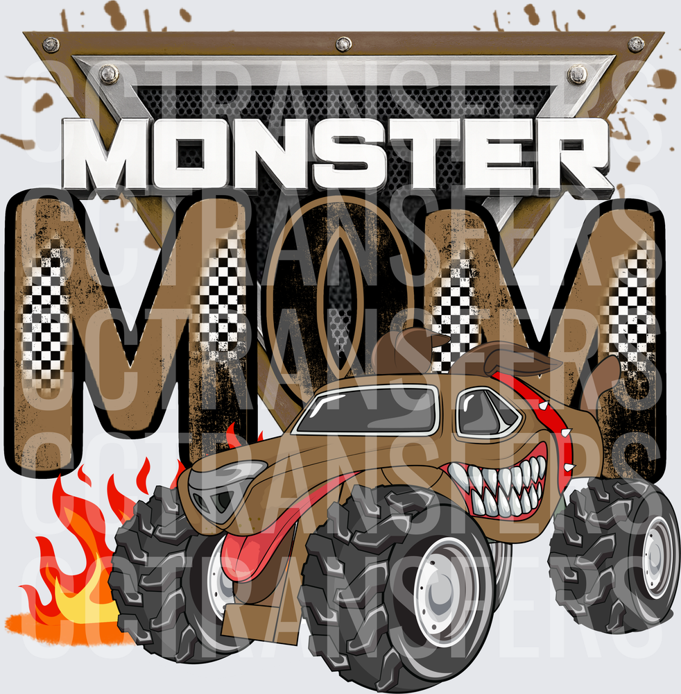 Monster Mom Monster Truck with Flames and Checkered Flag (DTF)