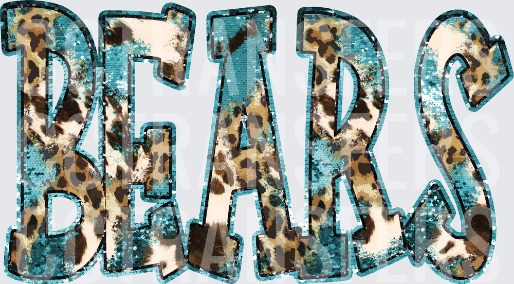 Bears Teal Sequin Leopard Cowhide Bold Lettering (DTF)