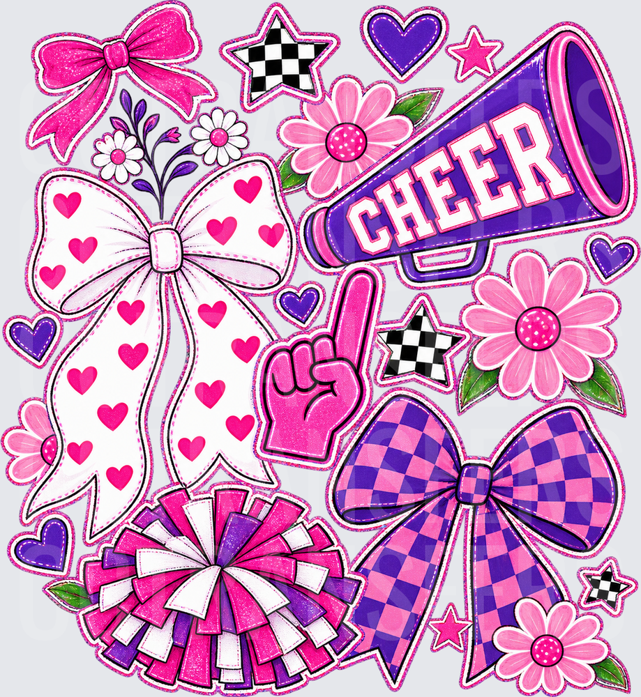 Pink Purple Cheer Megaphone Bows Pom Poms Floral Collage (DTF)