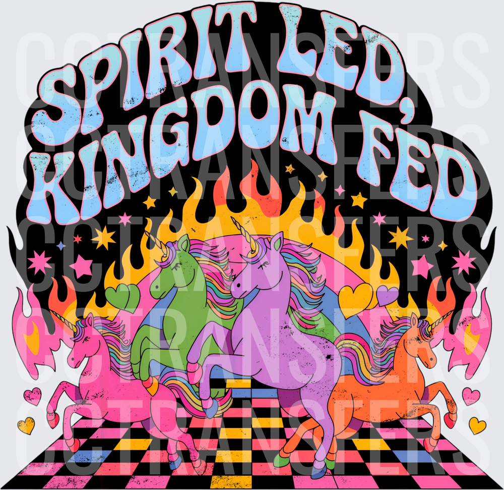 Spirit Led Kingdom Fed Retro Unicorn Flames (DTF)