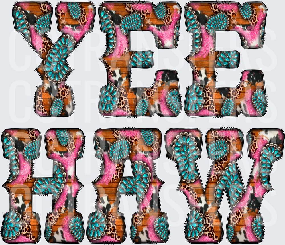 Yee Haw Western Turquoise Squash Blossom Leopard Cowhide (DTF)