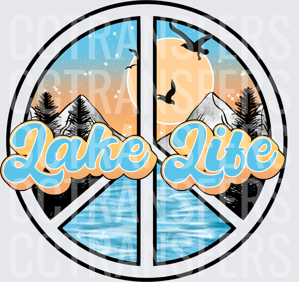 Lake Life Peace Sign Mountain Sunset Scene (DTF)