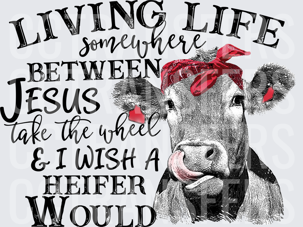 Living Life Somewhere Between Jesus & I Wish A Heifer Would Cow (DTF)