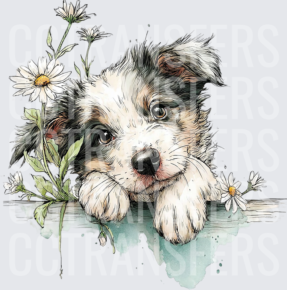 Fluffy Tricolor Puppy Resting with Wild Daisies Watercolor (DTF)