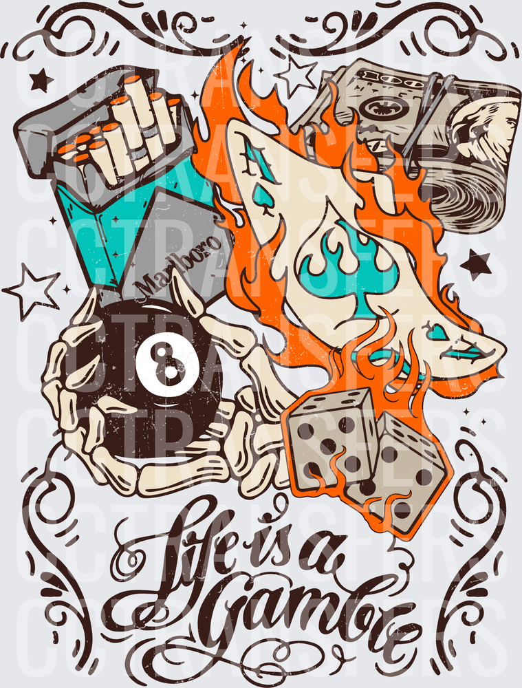 Life Is A Gamble Skeleton Hands Flames Dice Cards (DTF)