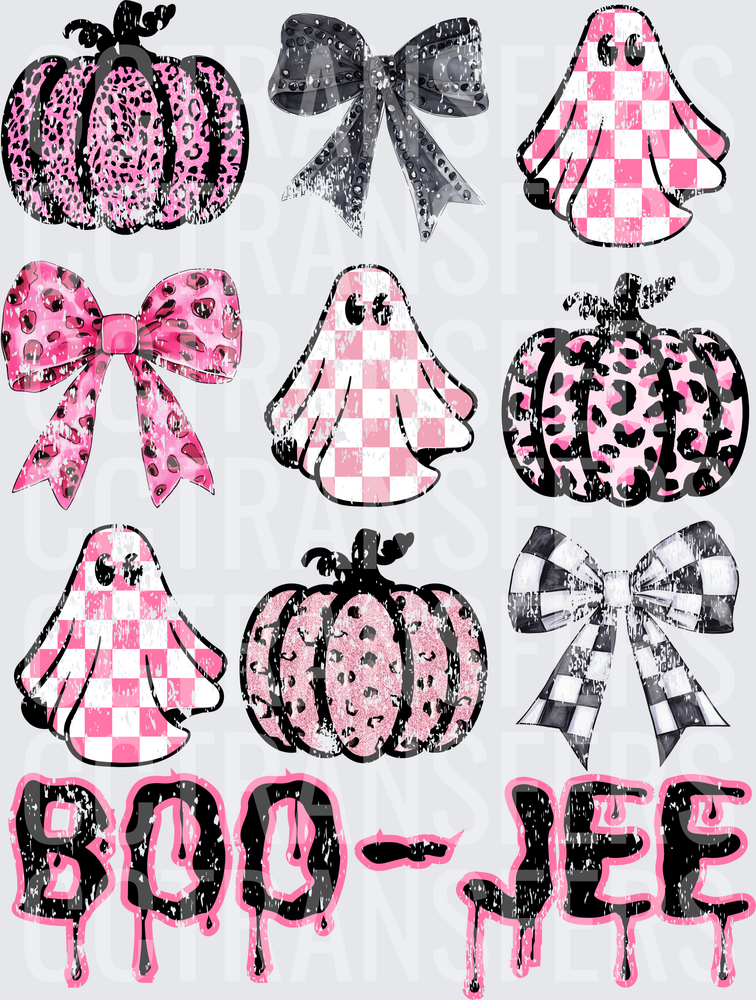 Boo-Jee Pink Leopard Checkered Halloween Ghost Pumpkin Bow (DTF)