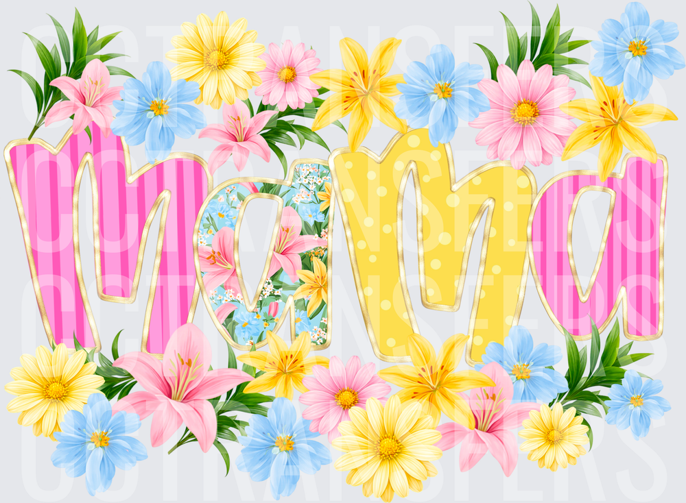 Mama Floral Patterned Letters Pink Yellow Blue (DTF)
