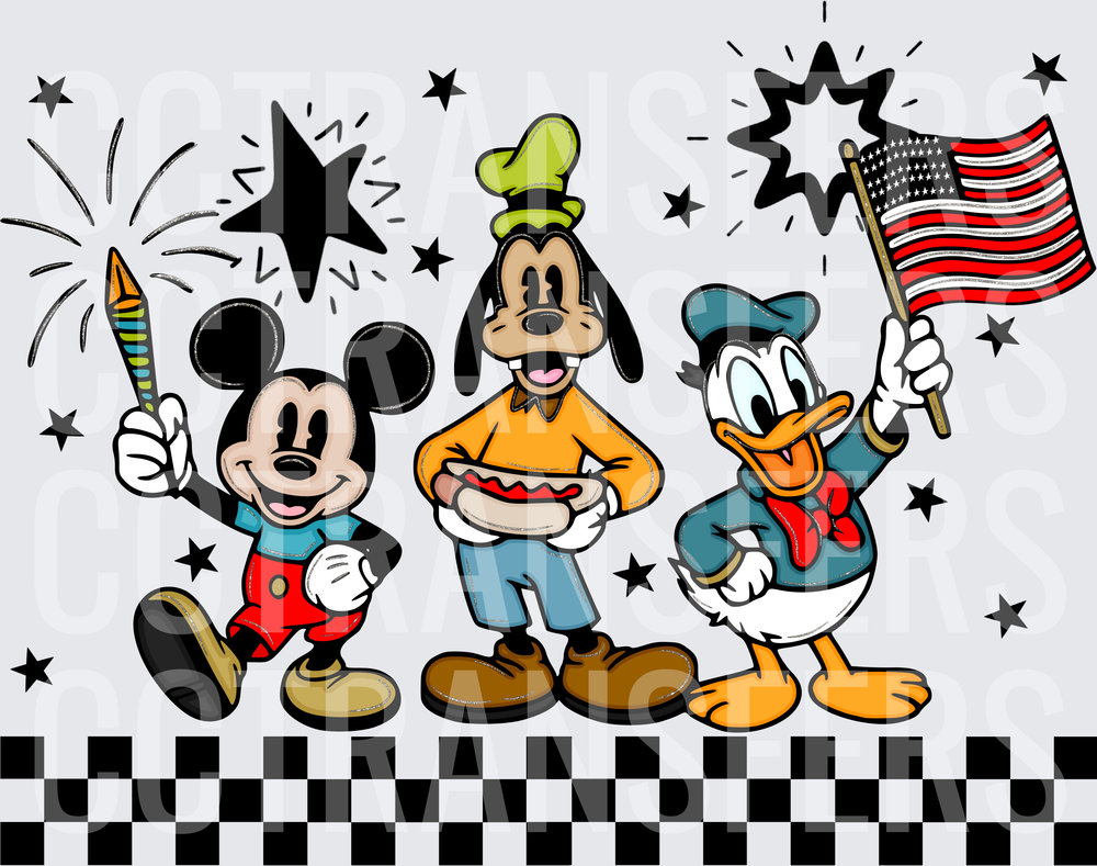 Cartoon Trio Fourth of July Fireworks Hot Dog Flag (DTF)