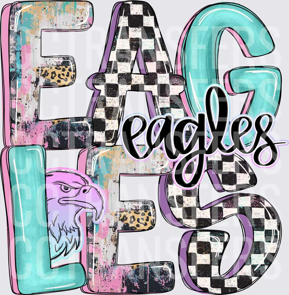 Eagles Stacked Letters Checkered Leopard Teal Purple (DTF)