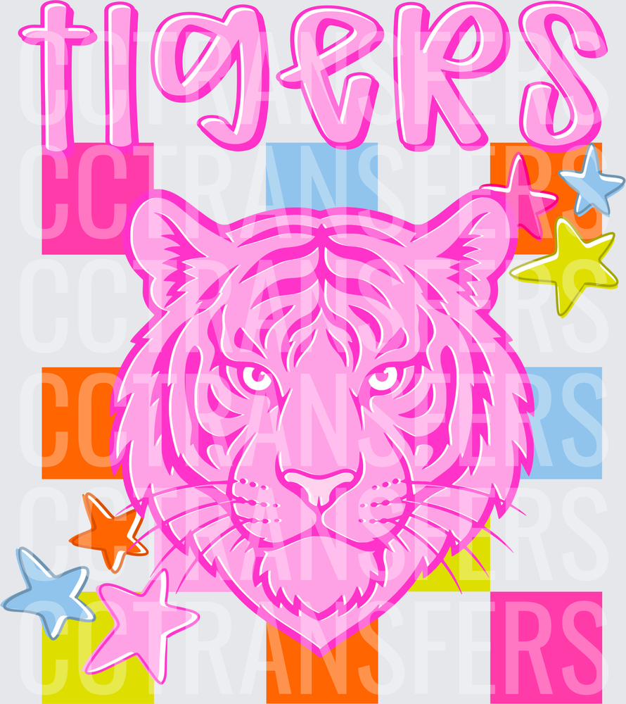 Tigers Pink Tiger Face Colorful Checkered Stars (DTF)
