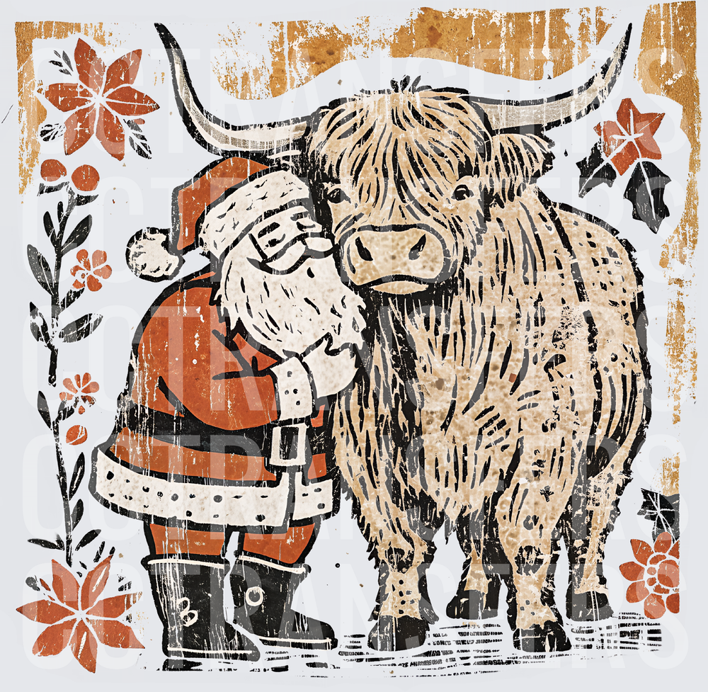 Rustic Woodblock Santa Hugging Highland Cow Holiday Floral (DTF)