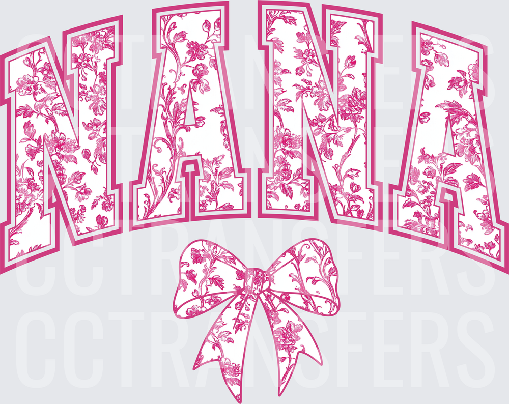 Pink Floral Toile NANA Varsity Letters with Bow (DTF)