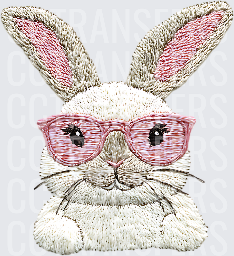 Embroidered Style Bunny Wearing Pink Glasses (DTF)