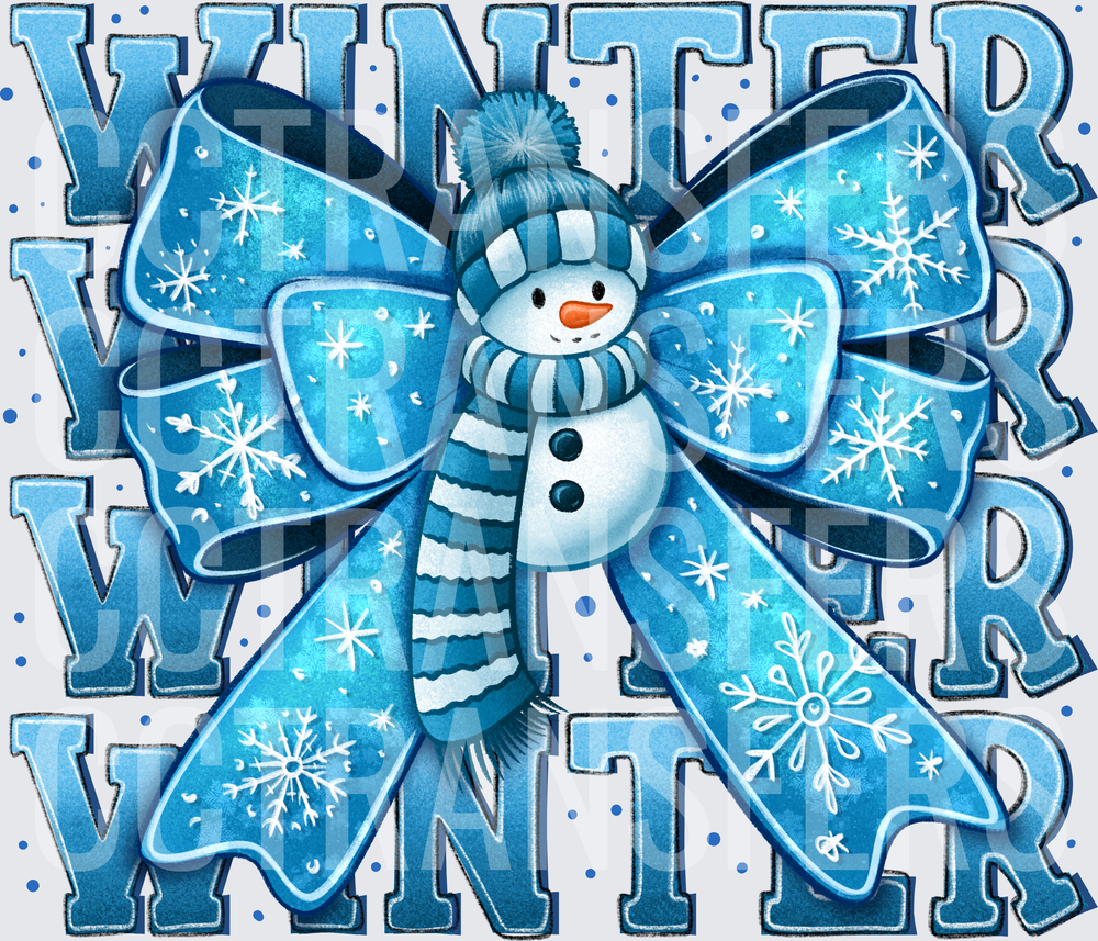 Winter Snowman Blue Bow Snowflake Stacked Word Design (DTF)