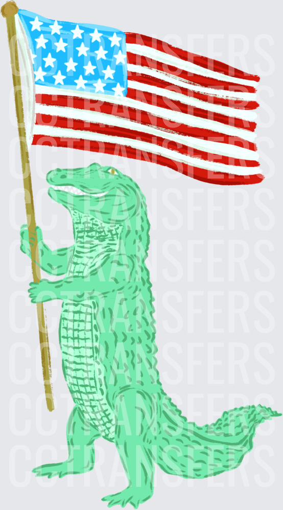 Patriotic Alligator Holding American Flag (DTF)