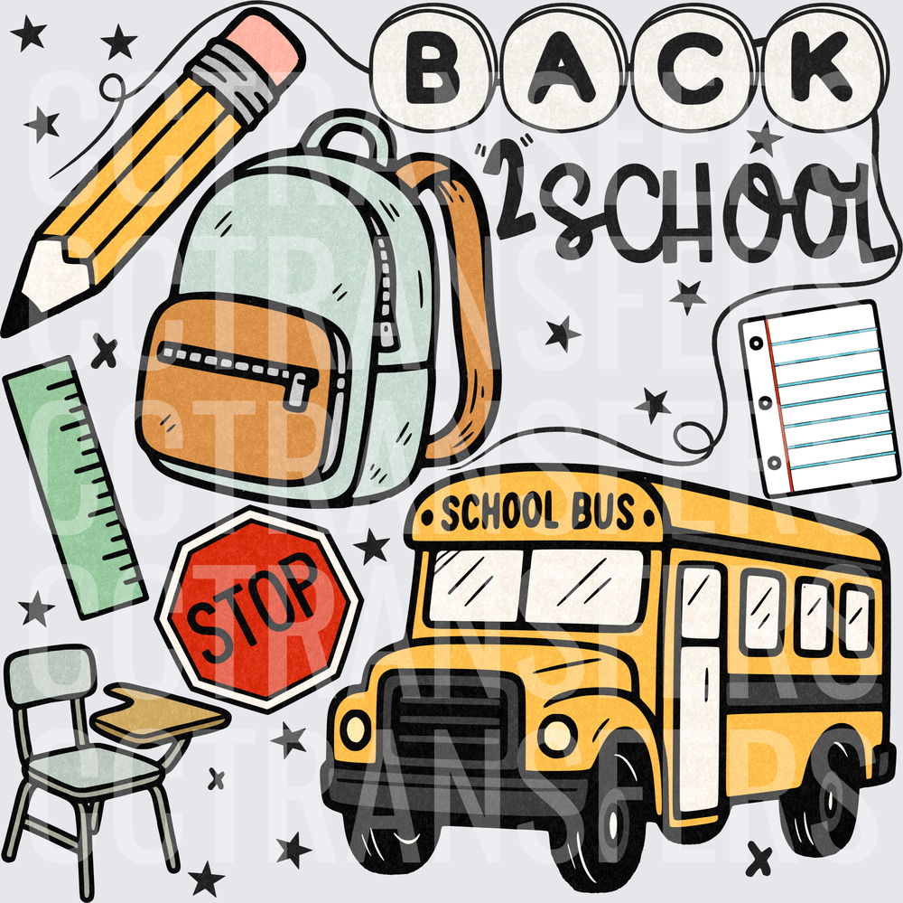 Back 2 School Doodle Collage with Bus and Supplies (DTF)