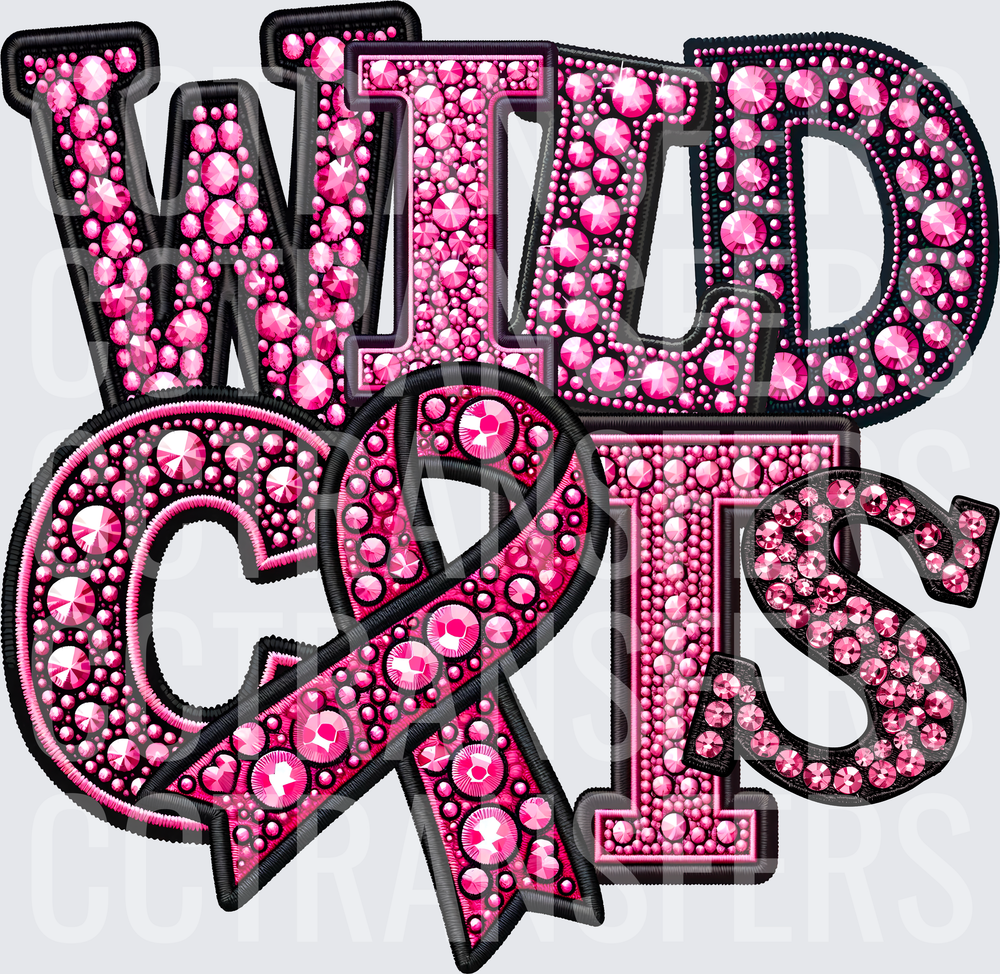 Wild Cats Pink Rhinestone Bling Awareness Ribbon (DTF)