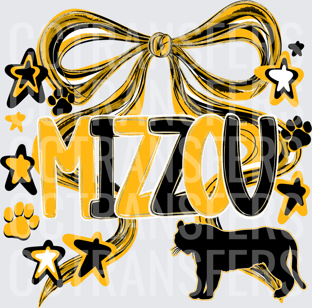 Mizzou Tigers Gold Bow Stars Paw Prints Tiger Silhouette (DTF)