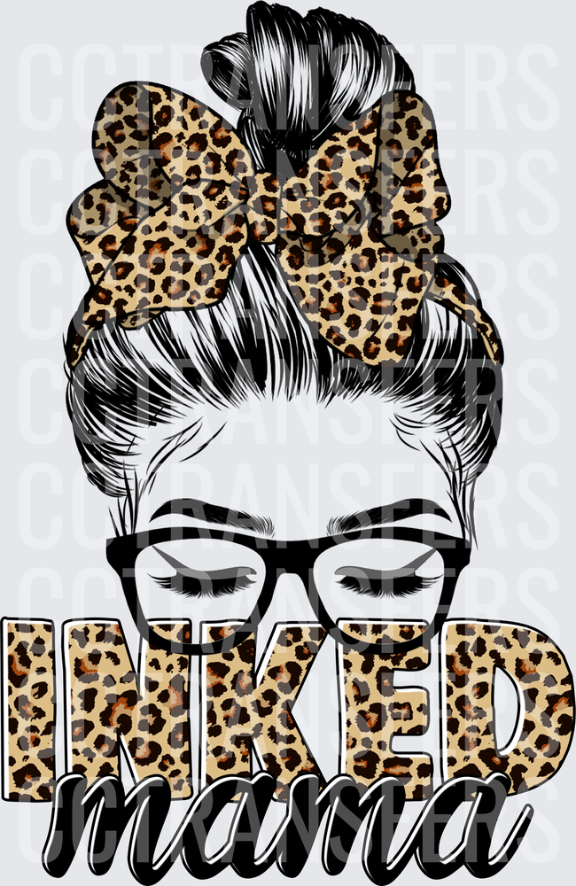 Inked Mama Messy Bun Leopard Print Woman with Glasses (DTF)