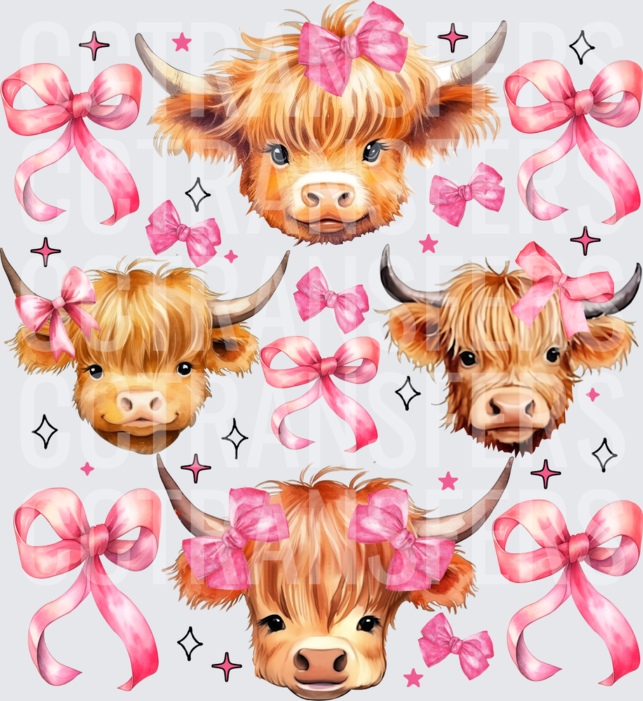 Cute Fluffy Highland Cows Pink Bows Sparkles (DTF)