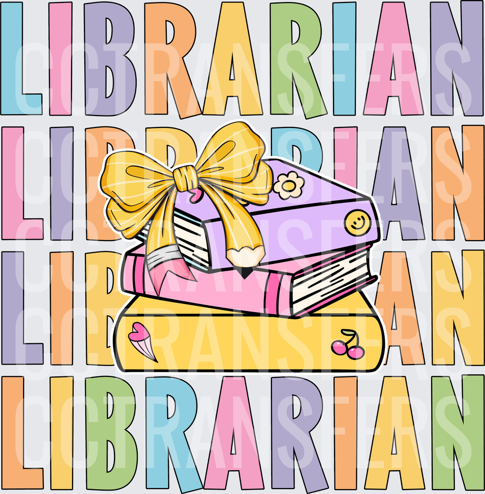 Librarian Stacked Books With Gold Bow Pastel Text (DTF)
