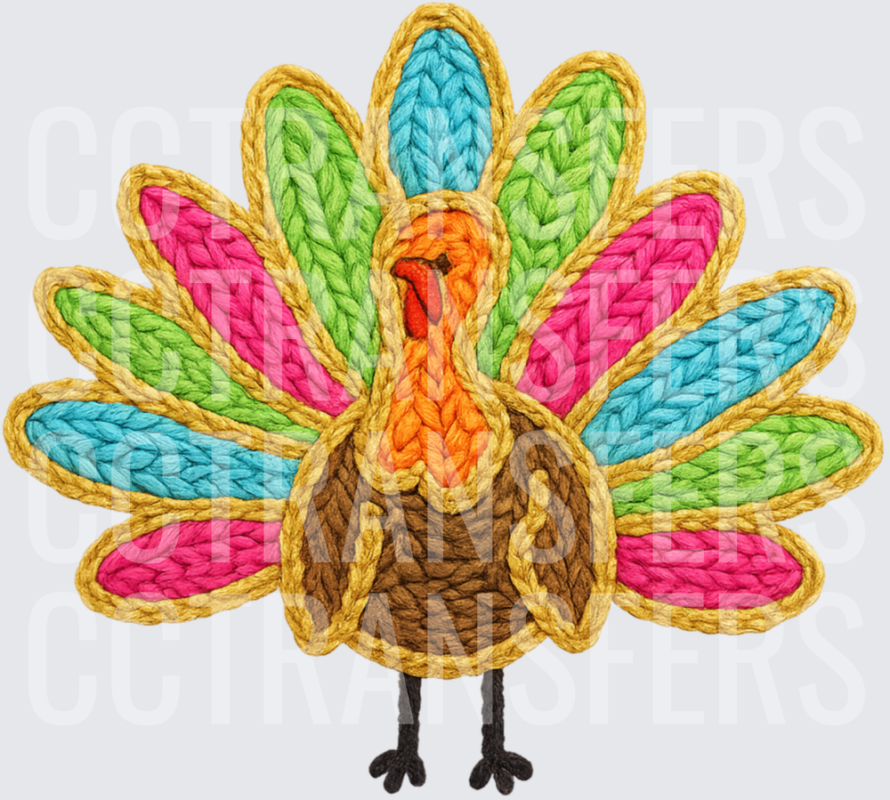Colorful Yarn Knit Turkey Fan Feathers Thanksgiving (DTF)