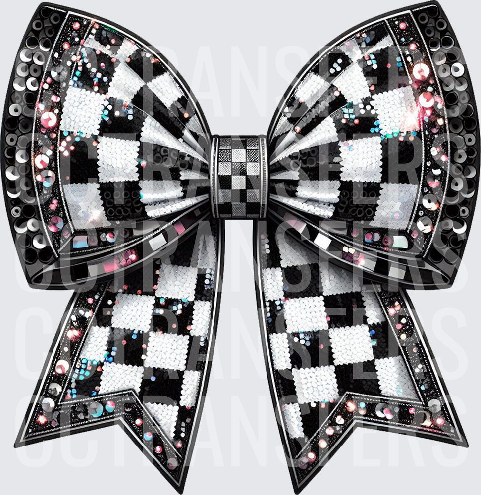 Black White Checkered Sequin Rhinestone Bow (DTF)