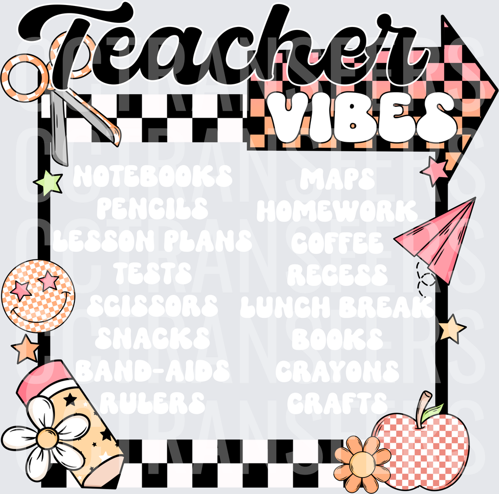 Teacher Vibes Retro Checkered School Frame (DTF)
