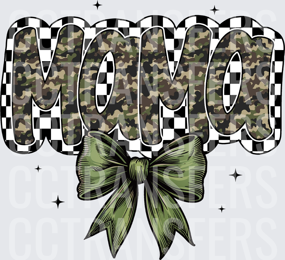 Mama Camo Checkered Letters Green Bow Sparkles (DTF)