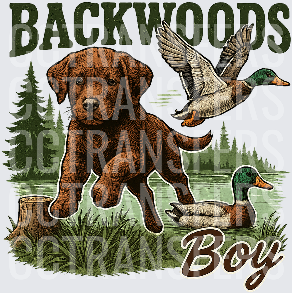 Backwoods Boy Chocolate Lab Puppy Mallard Duck Scene (DTF)