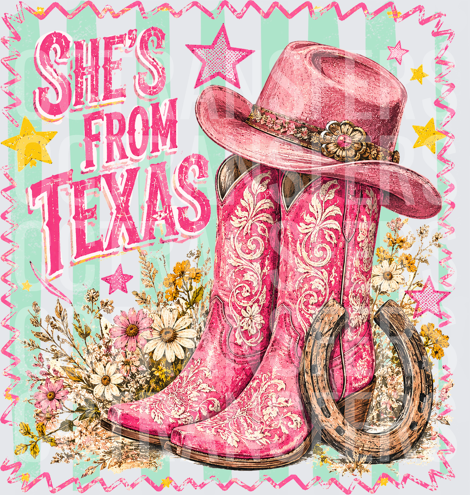 She's From Texas Pink Cowgirl Boots Hat Floral (DTF)