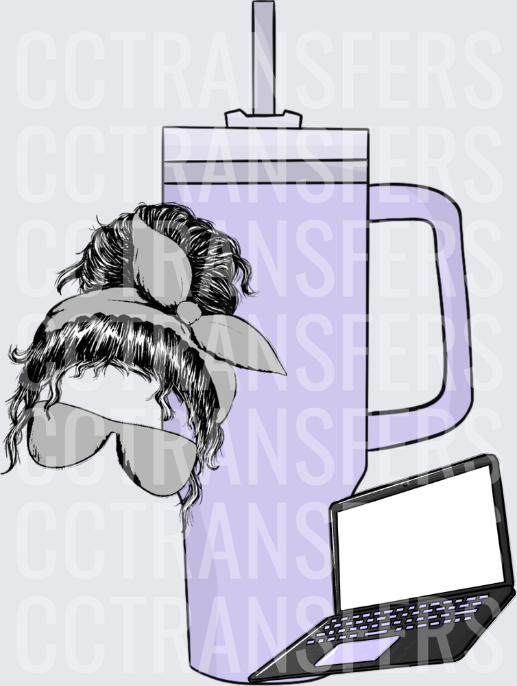 Messy Bun Woman With Tumbler Cup And Laptop (DTF)