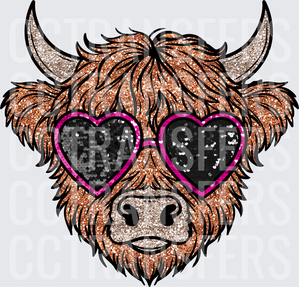 Glitter Highland Cow Pink Heart Sunglasses (DTF)