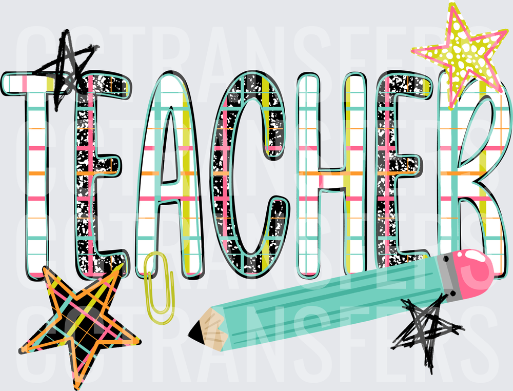 Colorful Plaid Teacher Text with Pencil and Stars (DTF)