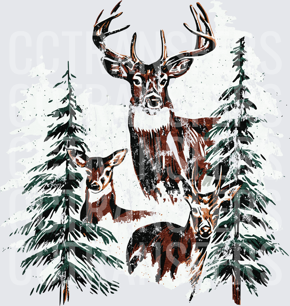 Whitetail Buck Doe Fawn Winter Pine Forest Scene (DTF)