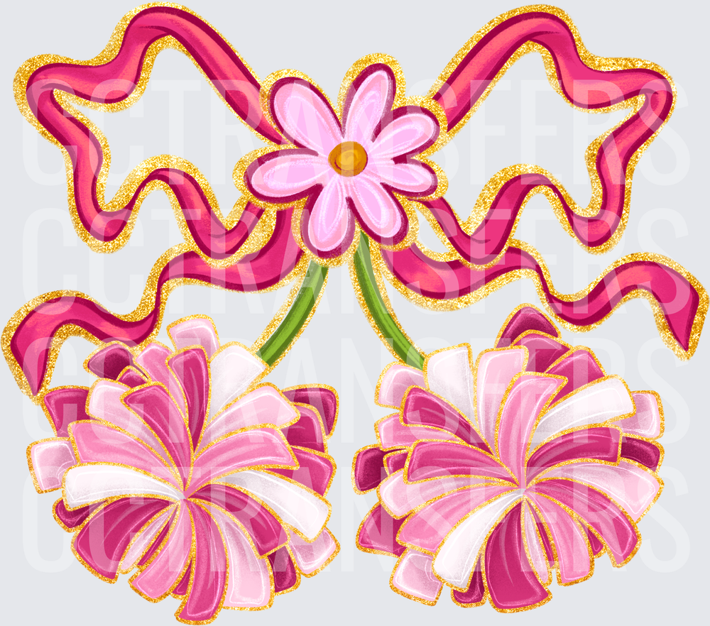Pink Wavy Bow Daisy Flower Cheerleader Pom Poms Gold (DTF)