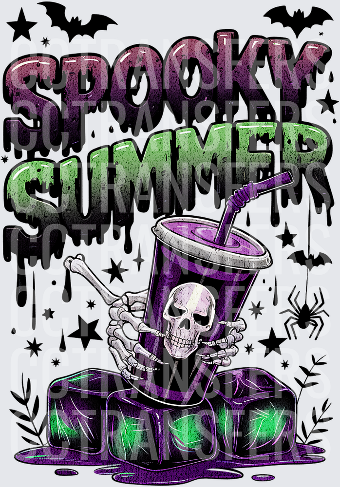 Spooky Summer Skeleton Holding Skull Cup with Bats (DTF)