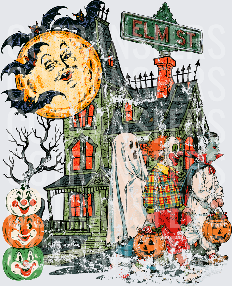 Vintage Halloween Elm St Trick or Treat Haunted House (DTF)