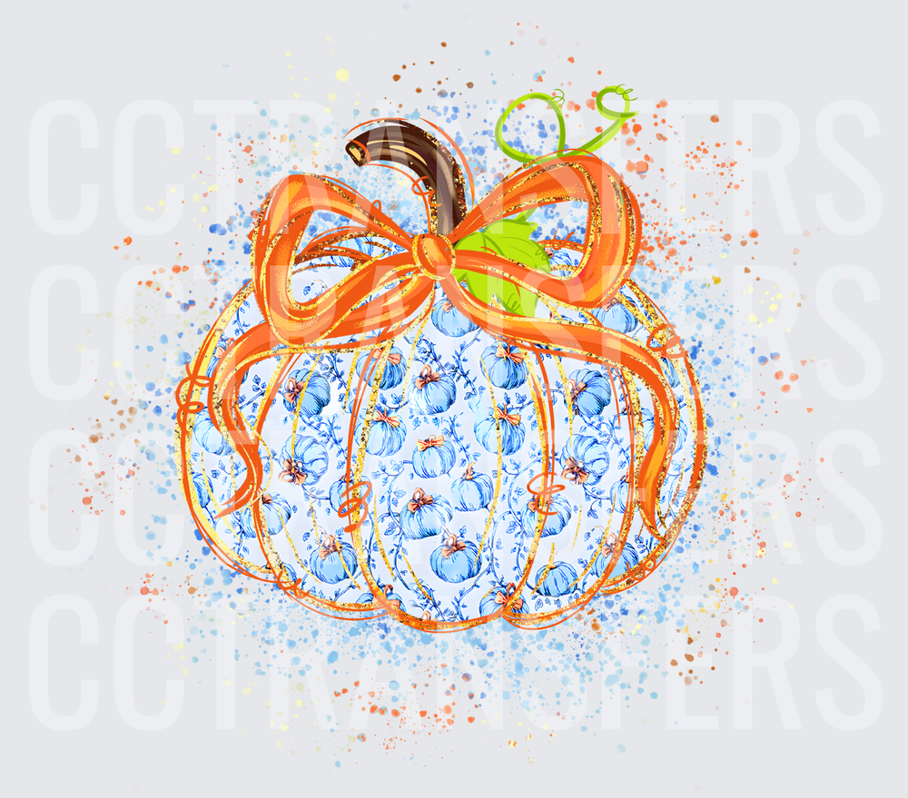 Blue Floral Patterned Pumpkin with Orange Glitter Bow (DTF)