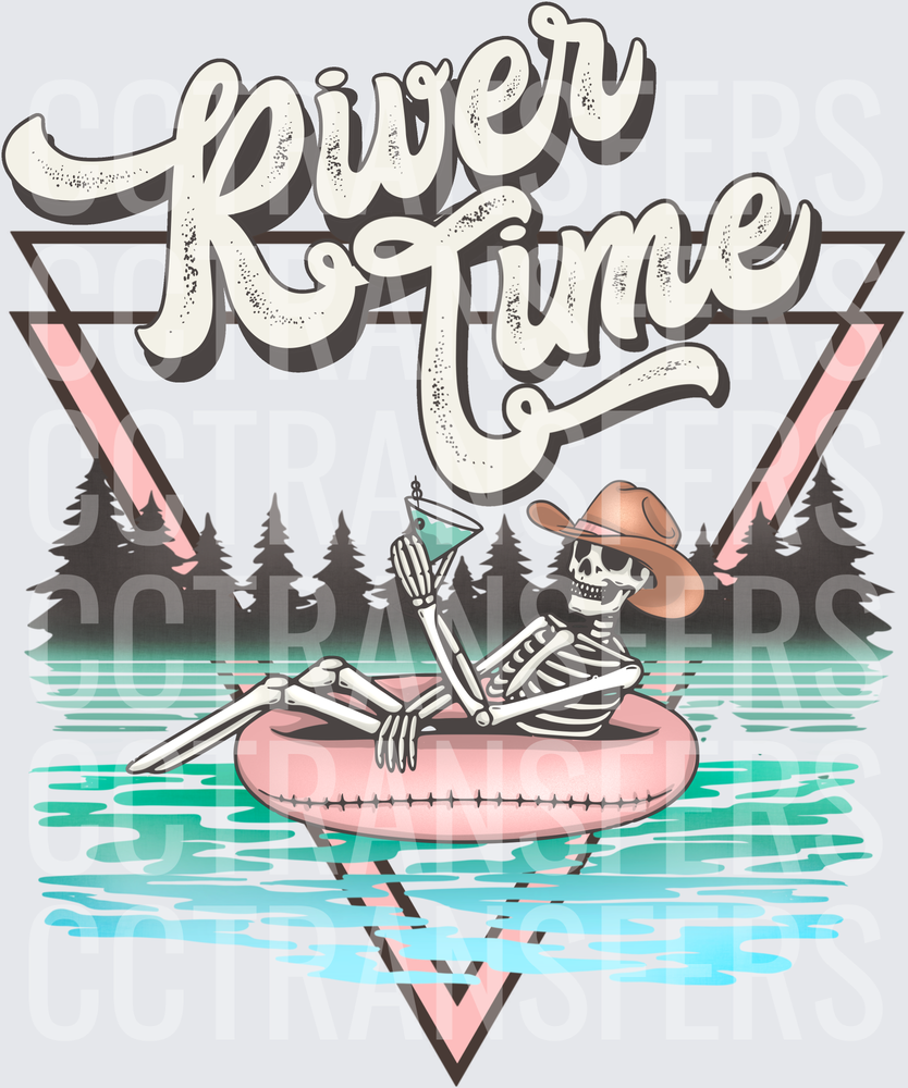 River Time Skeleton Cowboy Floating on Tube with Cocktail (DTF)