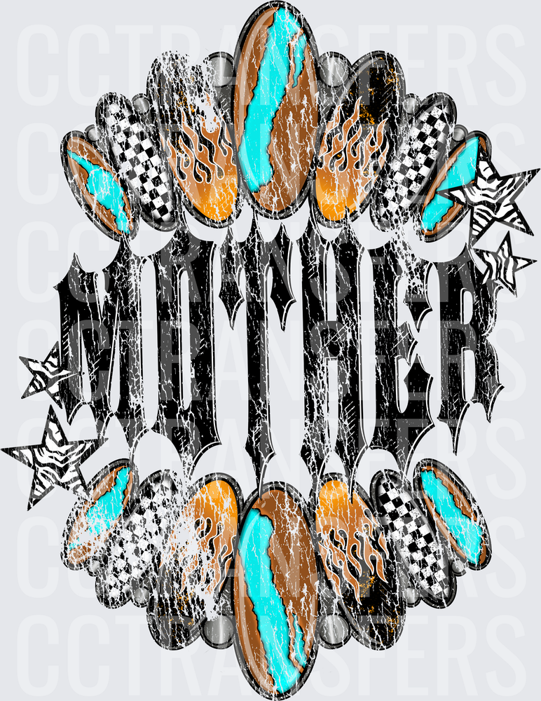 Grunge Mother Gothic Text Flame Checker Nail Art Stars DTF