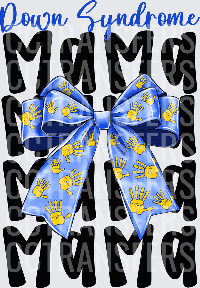 Down Syndrome Mama Stacked Blue Bow Yellow Handprints (DTF)