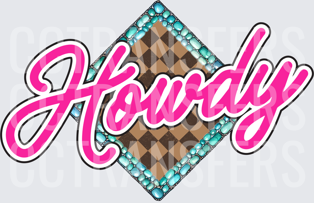 Howdy Hot Pink Script Turquoise Gem Diamond Checker (DTF)